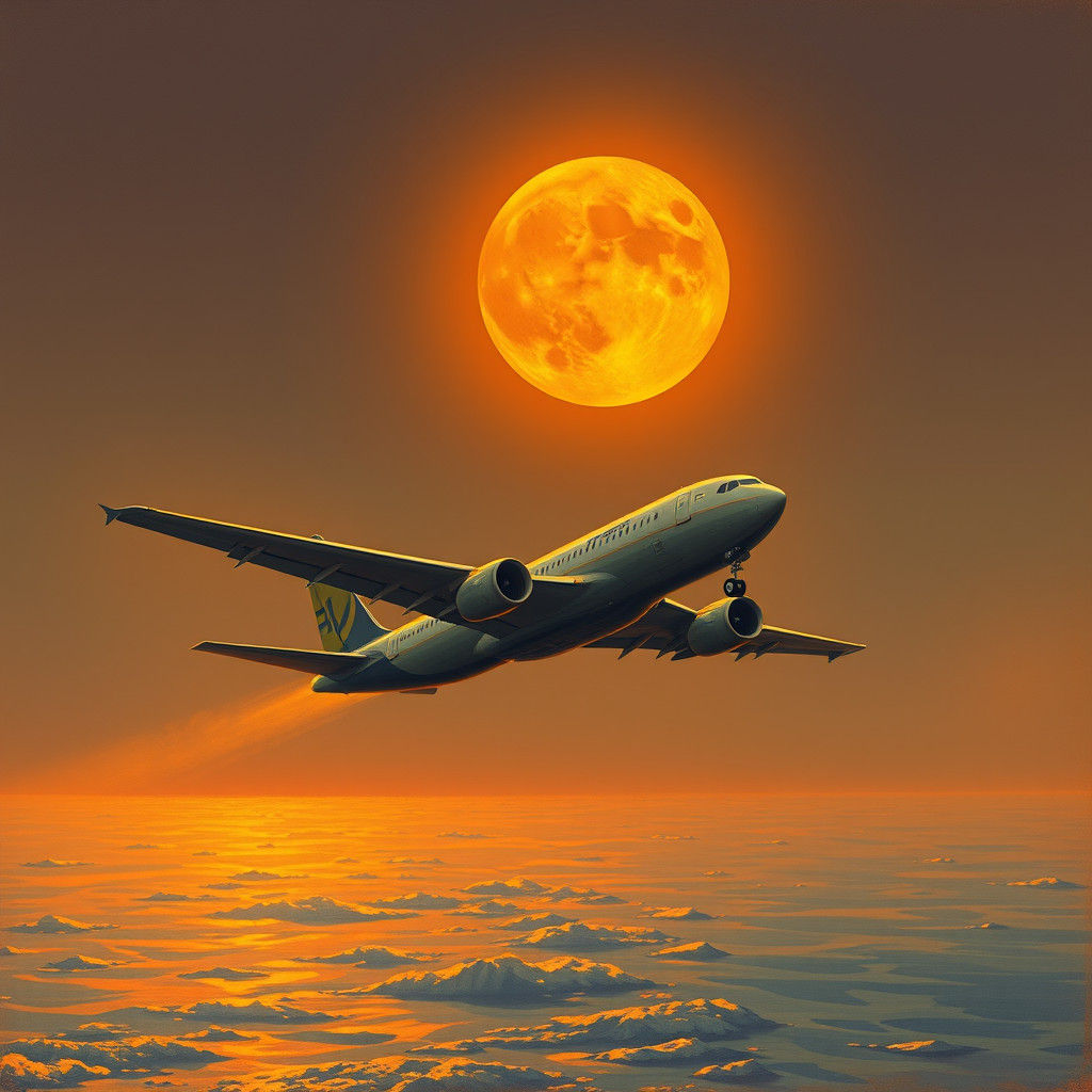 Airplane Soaring Under Orange Moon, Dreamlike Fusion Art