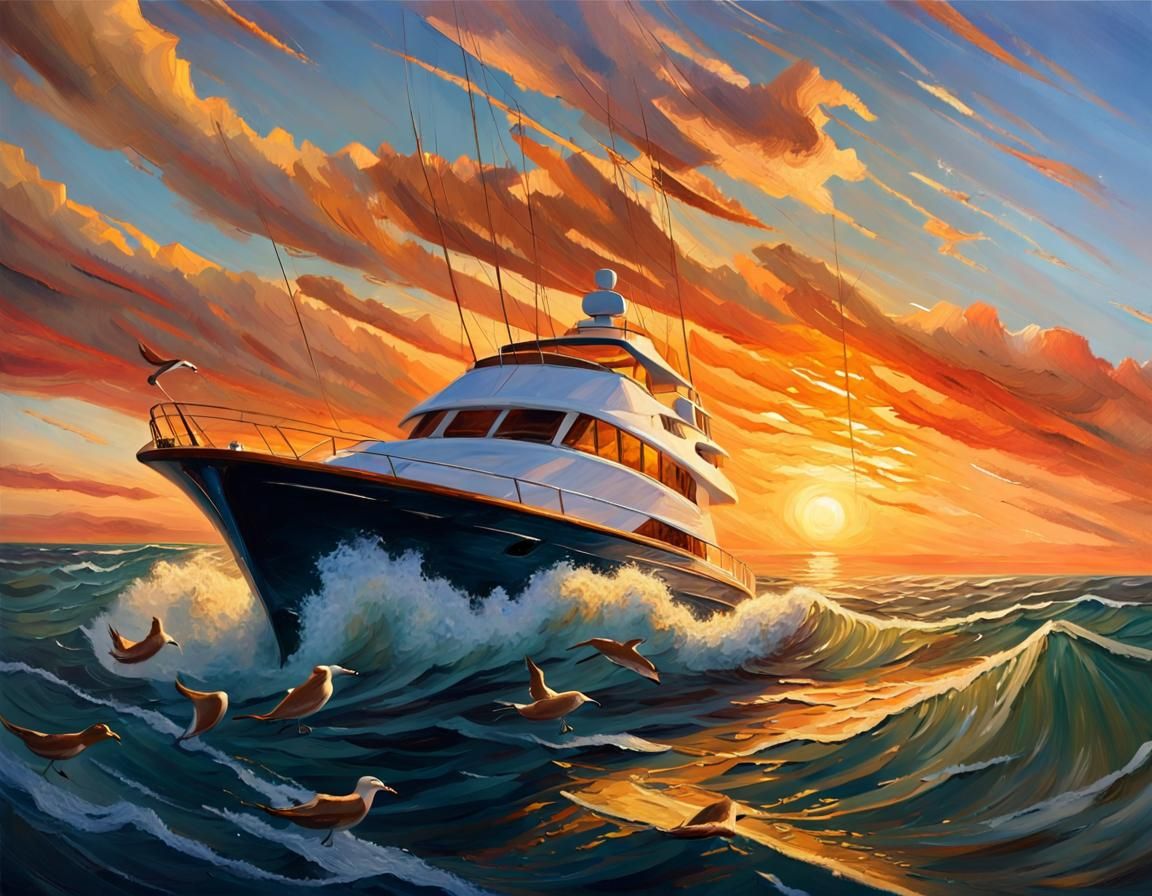 Pacific Yachting: Golden Hour Maritime Oil Painting