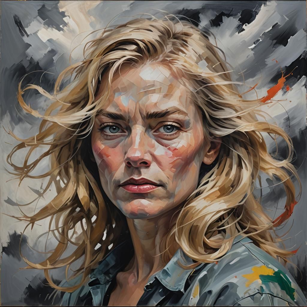 Windy Blonde Woman Portrait in Abstract Expressionism