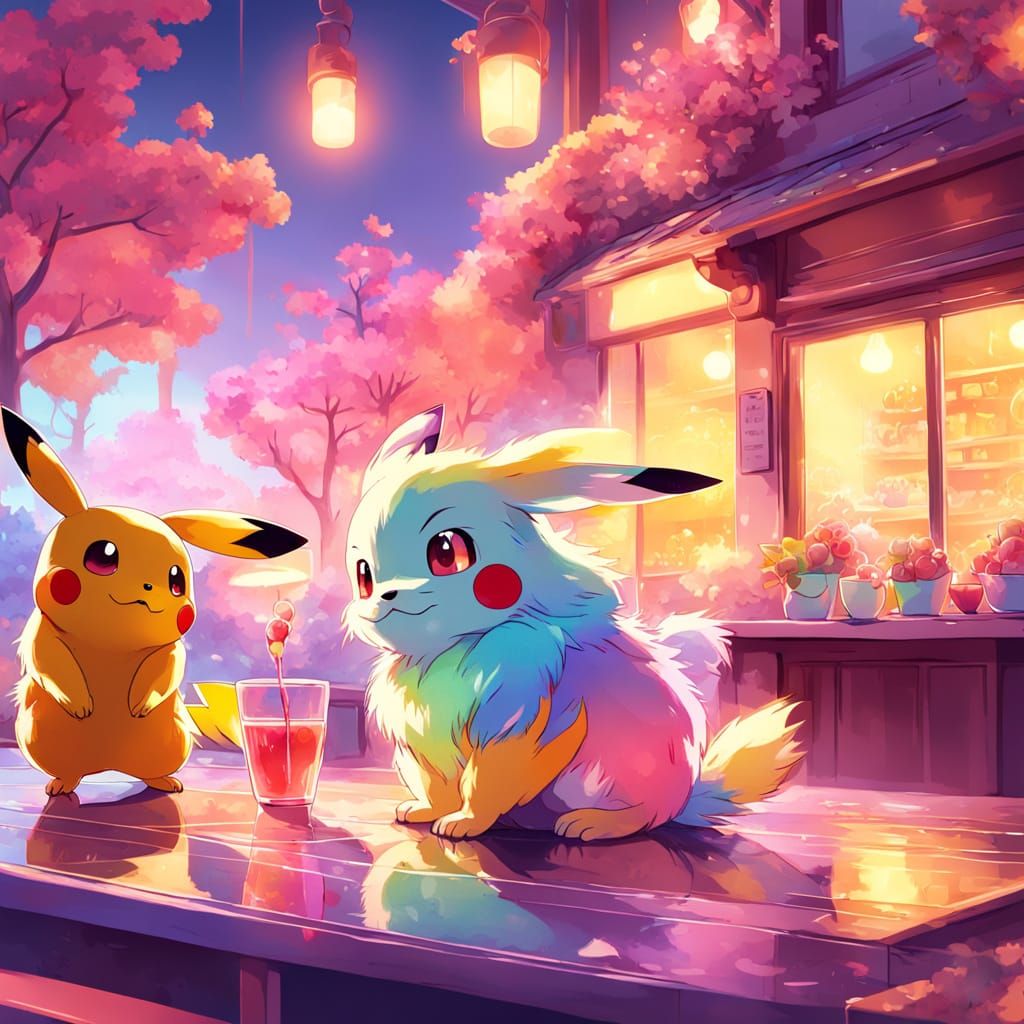 Whimsical Cafe Scene with Pikachu, Charmander, and Eevee