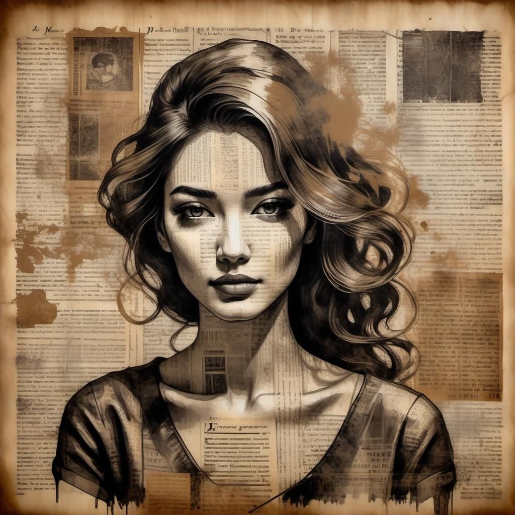 Ink Portrait on Newspaper with Vintage Aesthetic