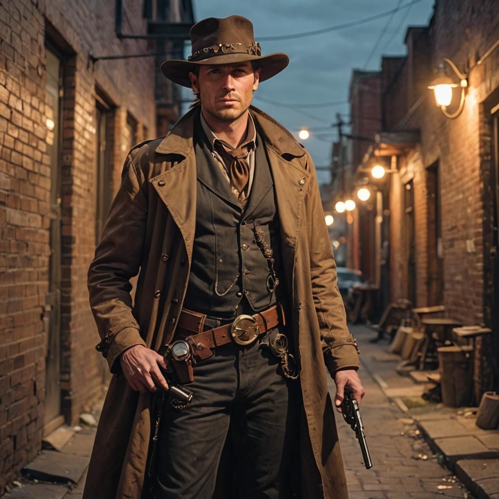 Steampunk Gunslinger in Alley at Dusk