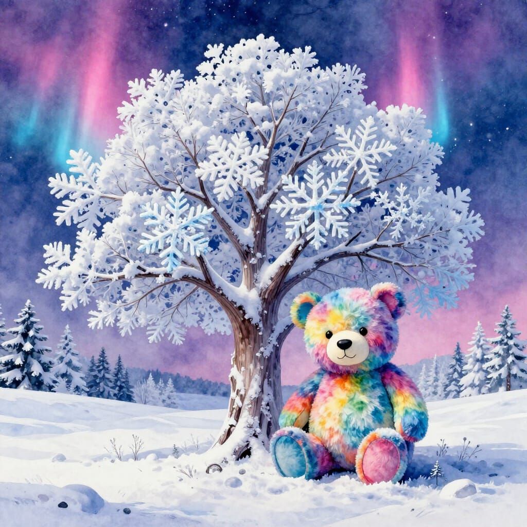 Snowflake tree & rainbow teddy