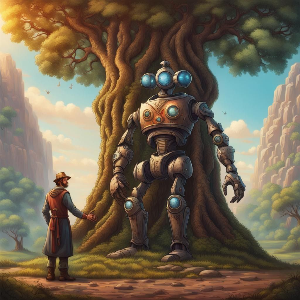 Farmer and Robot Before Yggdrasil: Hyperrealistic Art