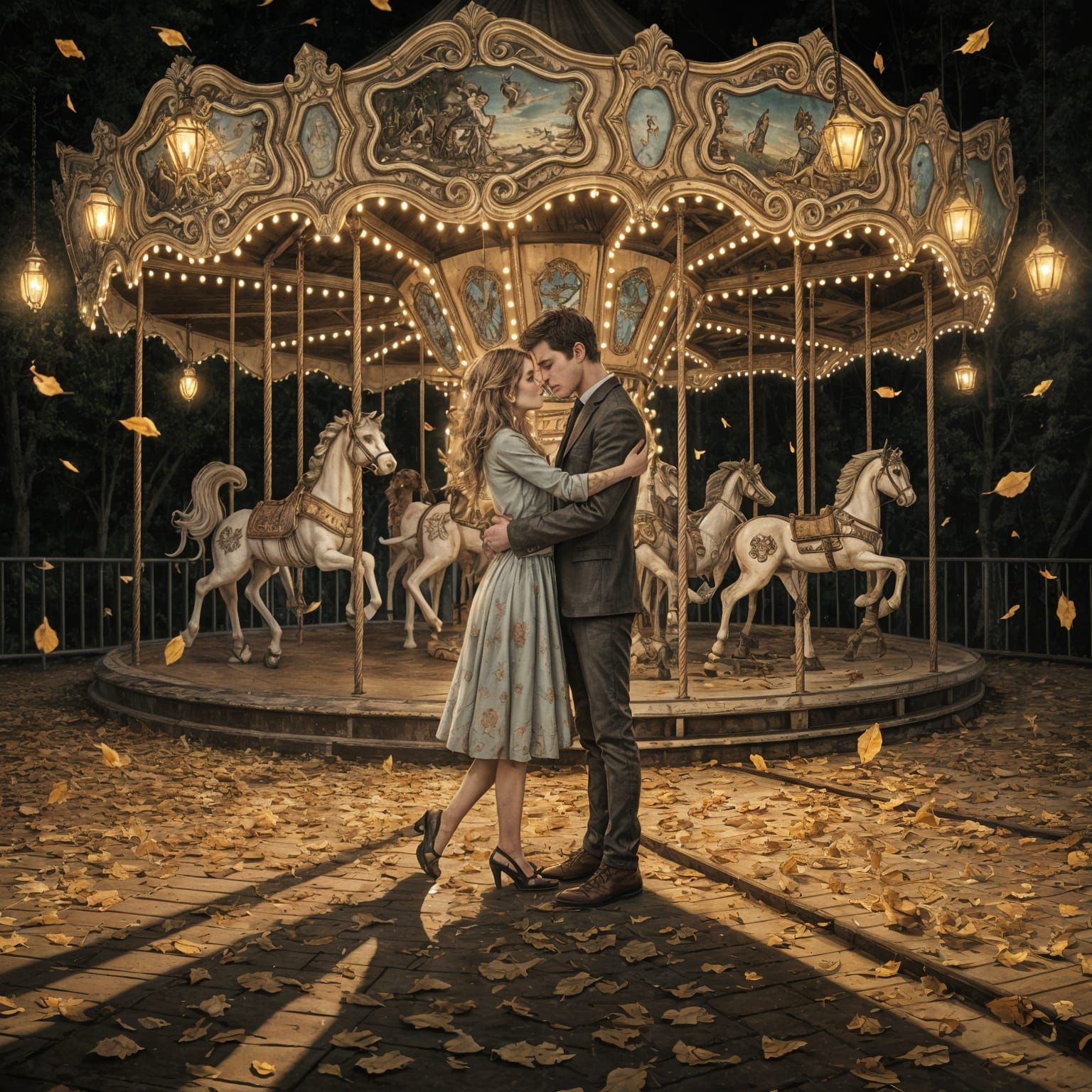 Haunted Carousel: Spectral Embrace in Shadowy Light
