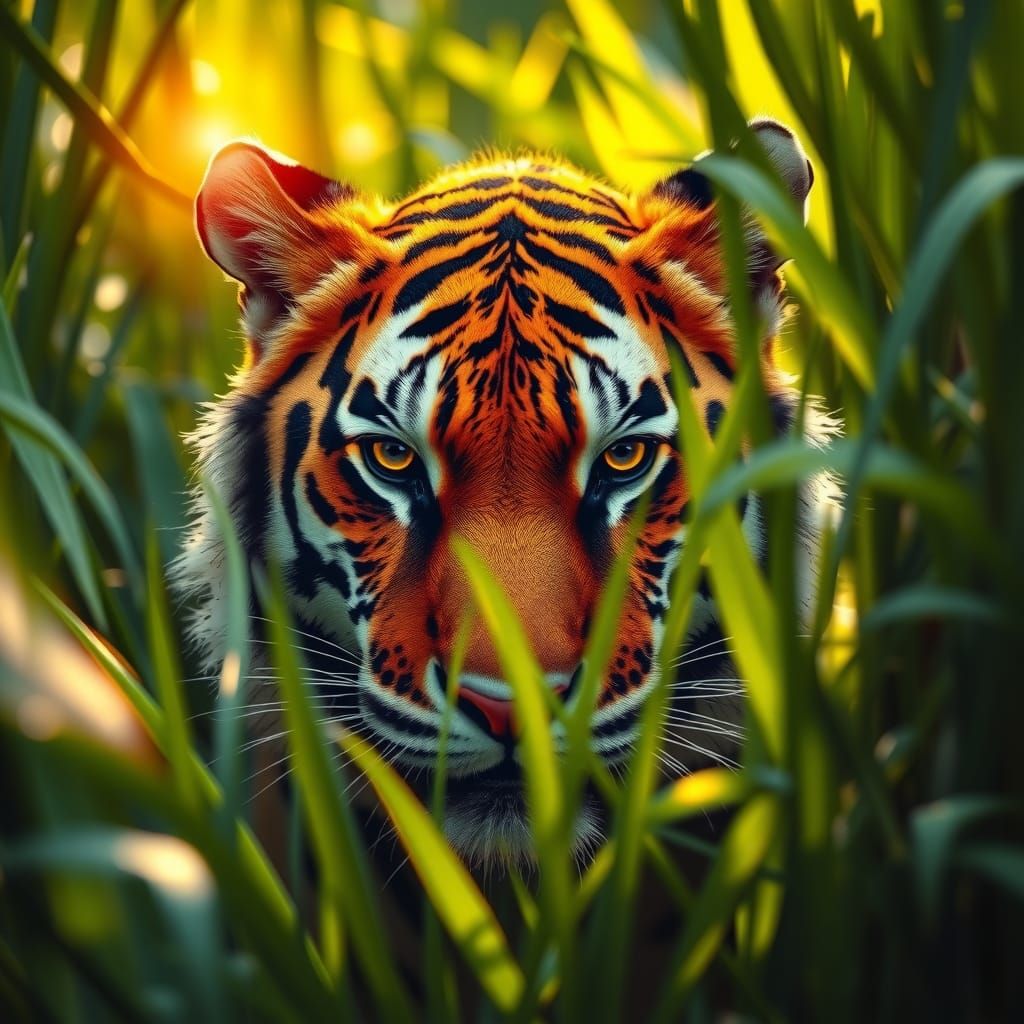 Majestic Tiger Hidden in Lush Green Habitat