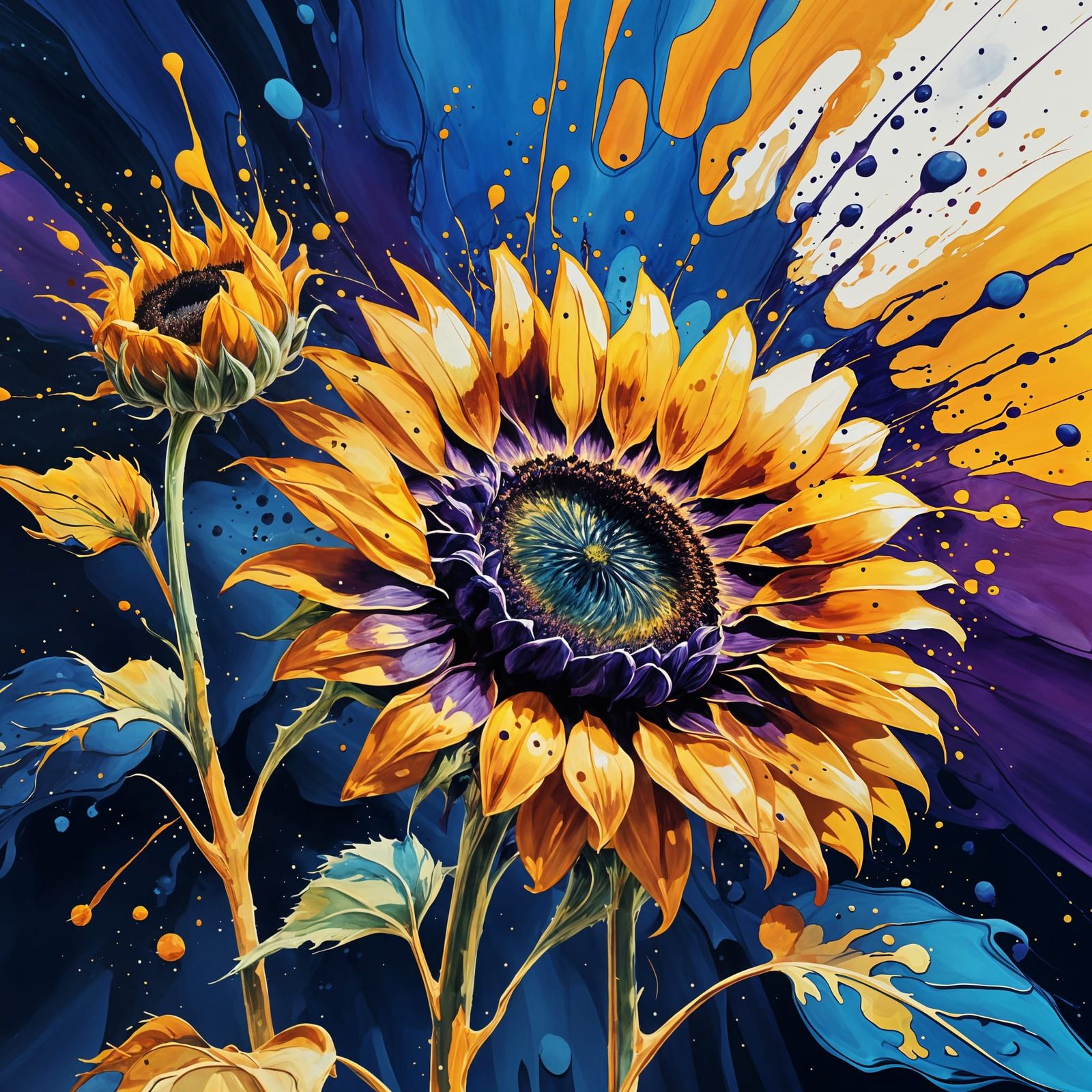Vibrant Ink Splatter Sunflower Art