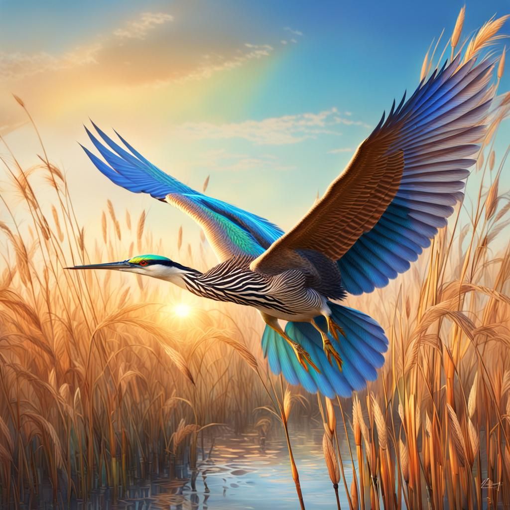 Rainbow Eurasian Bittern in Flight, Fantasy Art