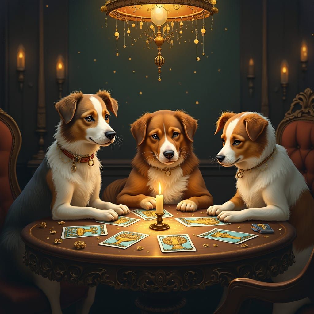 Dogs Reading Tarot Cards in Dreamy Illustration Style