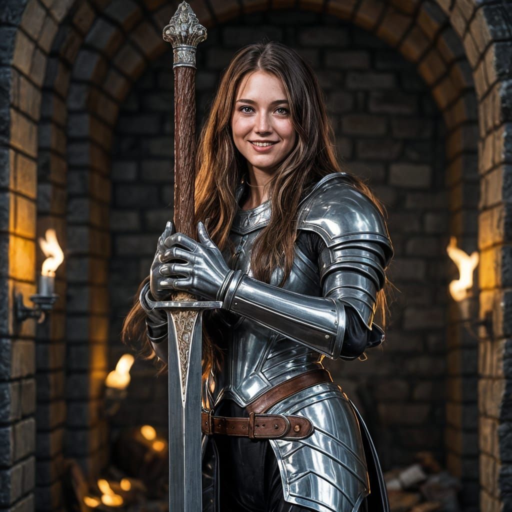Armored Woman with Claymore in Fantasy Dungeon