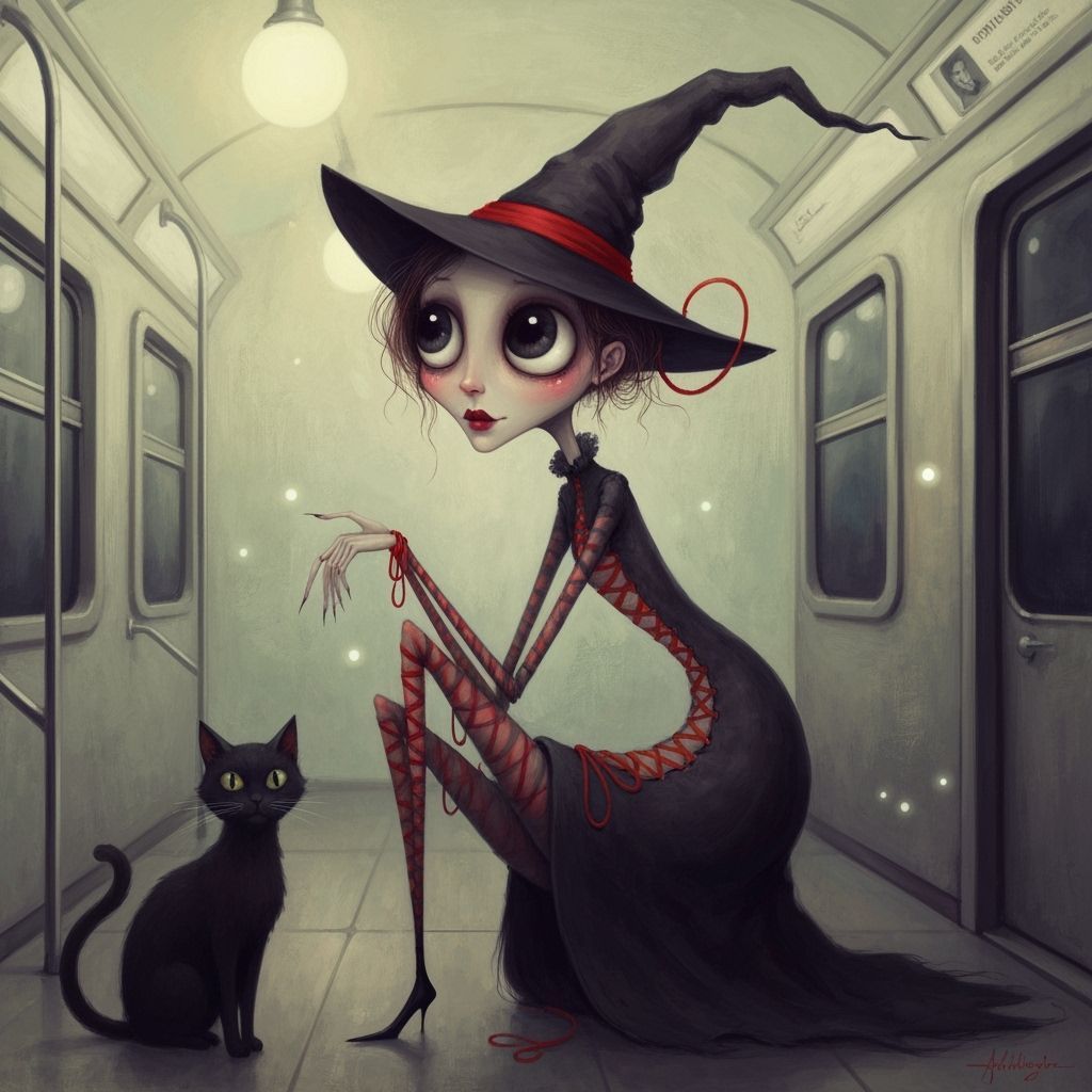Whimsical Witch and Cat in Surreal Subway Painting