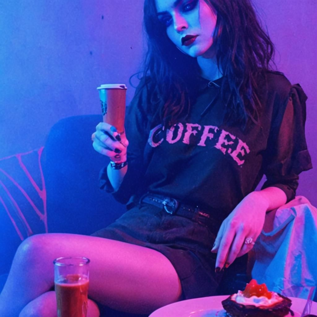 Goth Fashion Model in Coffee Shop: Black and White