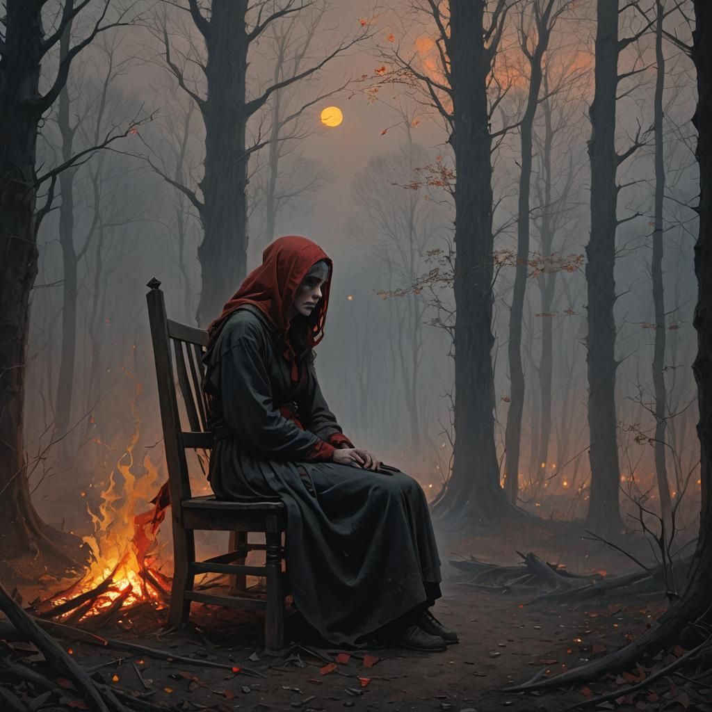 Shadow Woman with Fiery Eyes in Gothic Woods