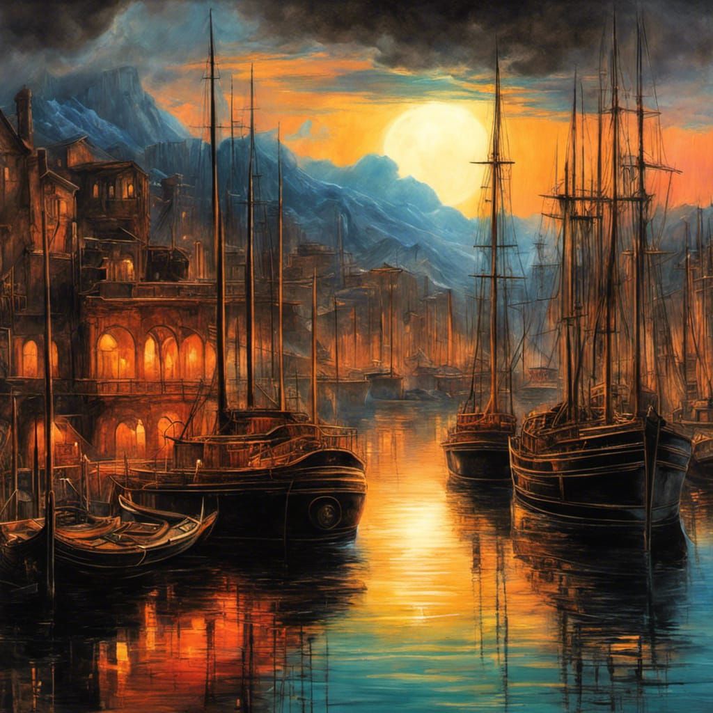 Fantasy Harbor: Impressionist Neotechnical Cityscape
