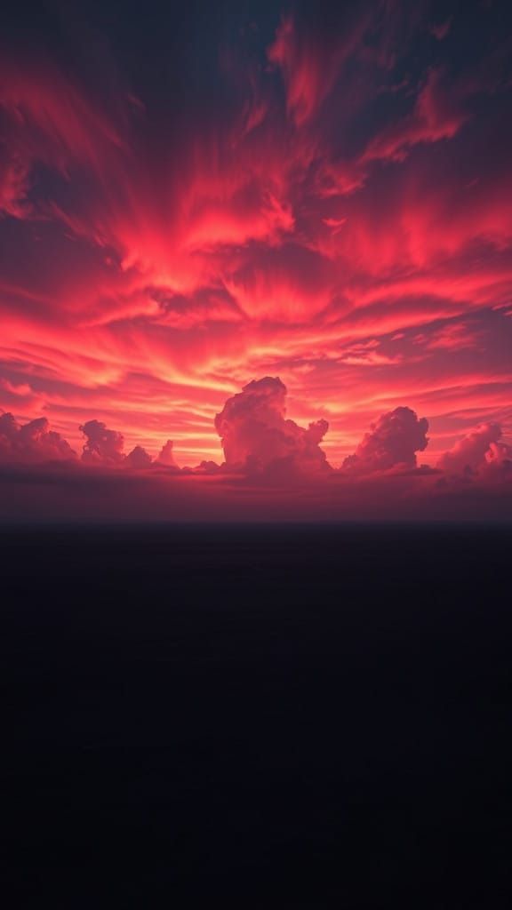 Endless Plain Under Fiery Red Night Sky