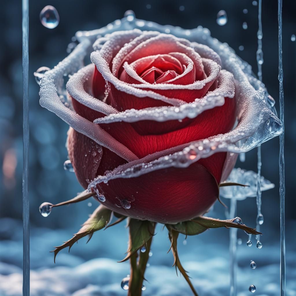 Frozen Rose in Winter: Hyperrealistic Splash Art