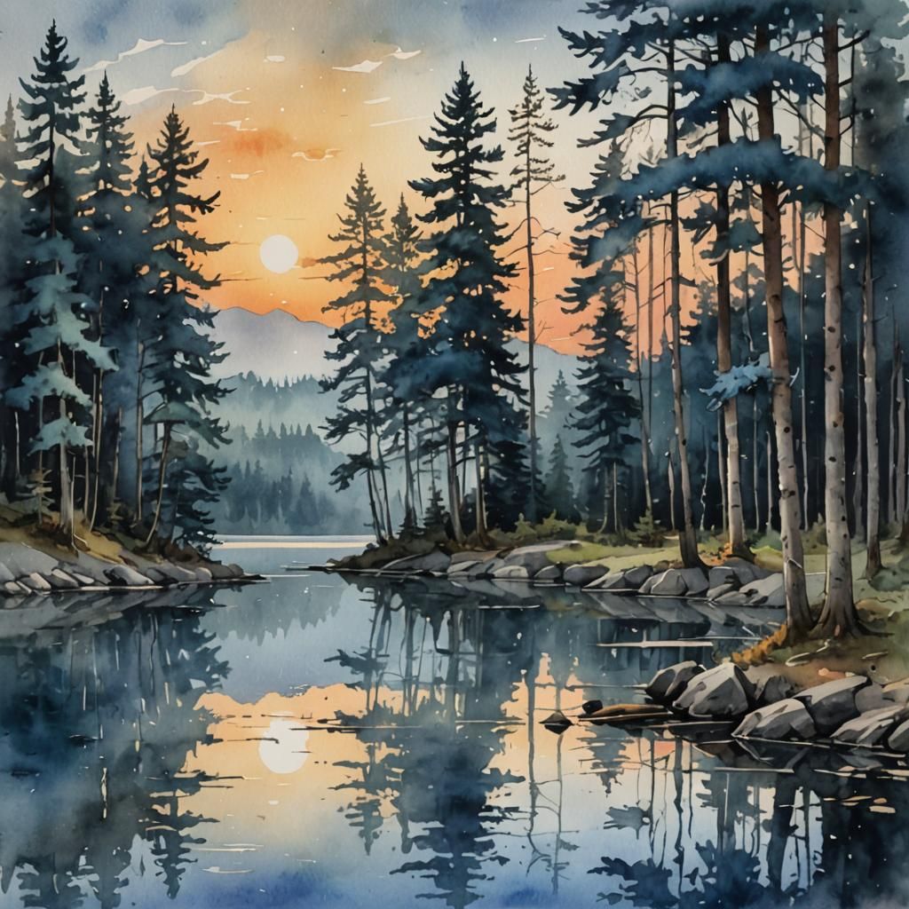 Watercolor Sunset Over Forest Lake