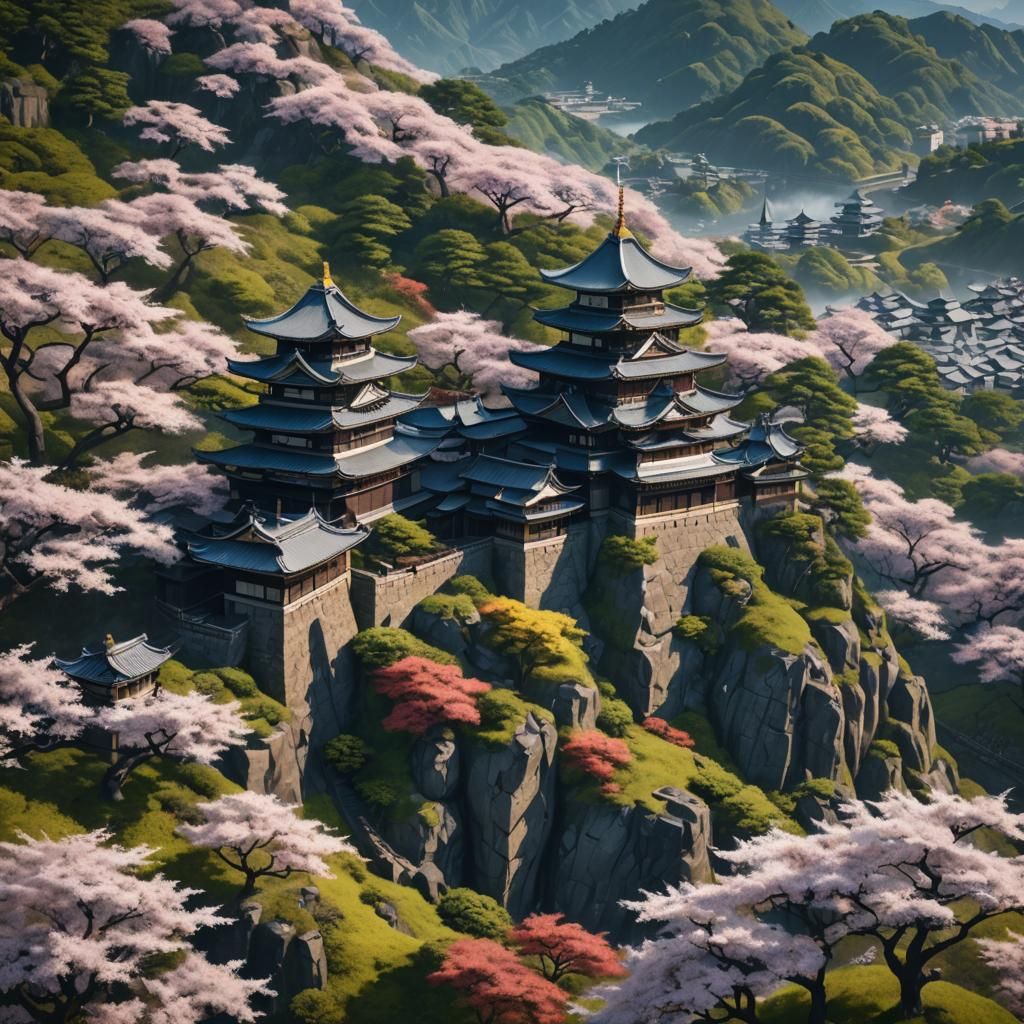 Japanese Castle and Samurai, Detailed Matte Painting