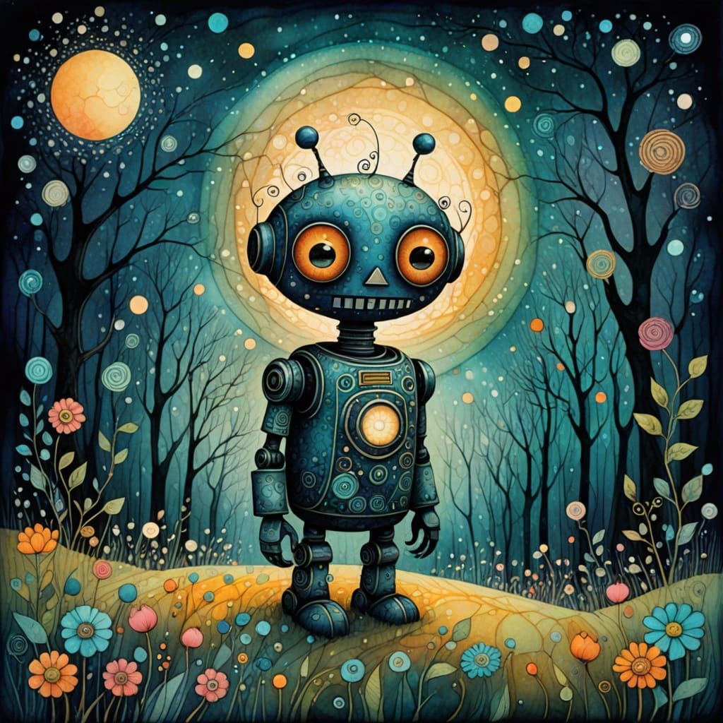 Whimsical Robot in Surreal Watercolor Landscape