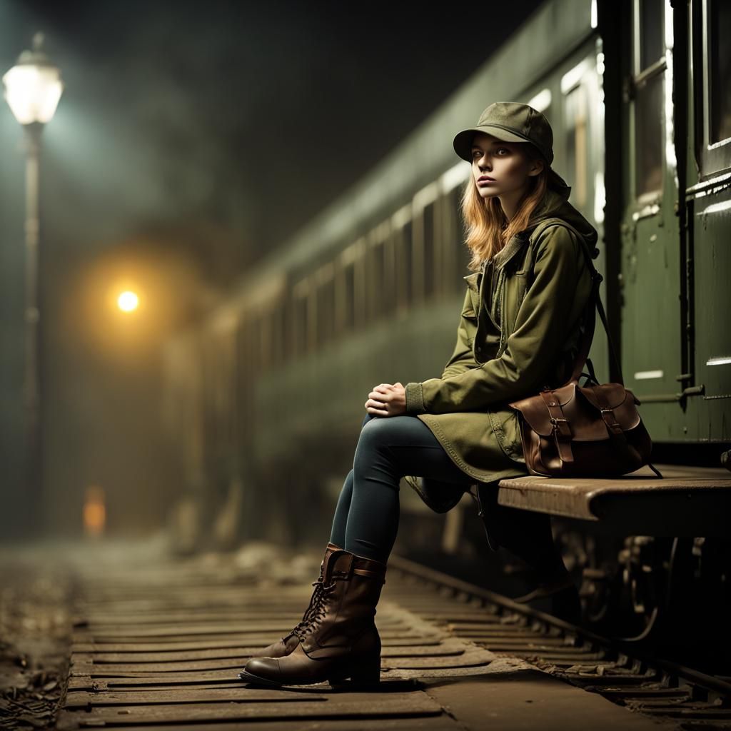 Girl Waits at Misty Train Station: Daguerreotype Style