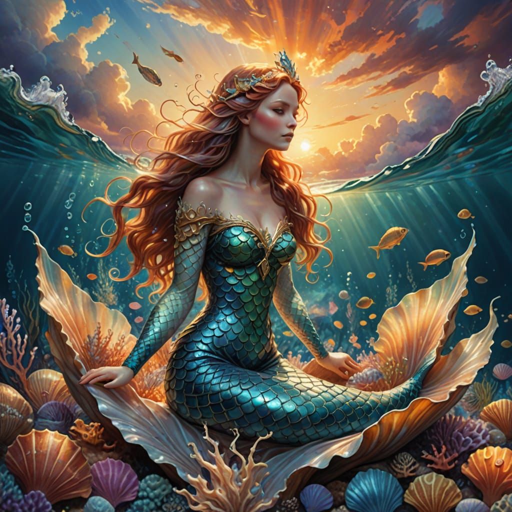 Dreamlike Mermaid Emerges from Shimmering Shell in Vibrant W...