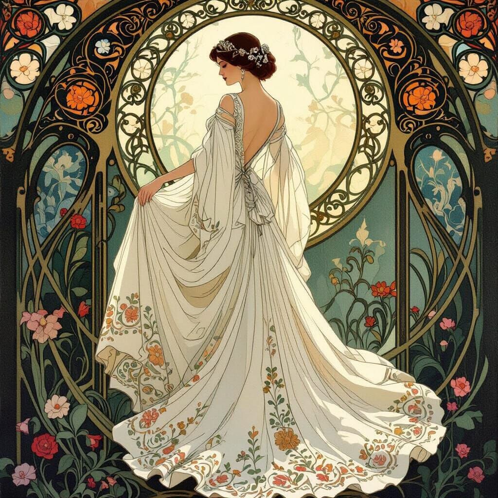 Elegant Art Nouveau Bride with Floral Motifs