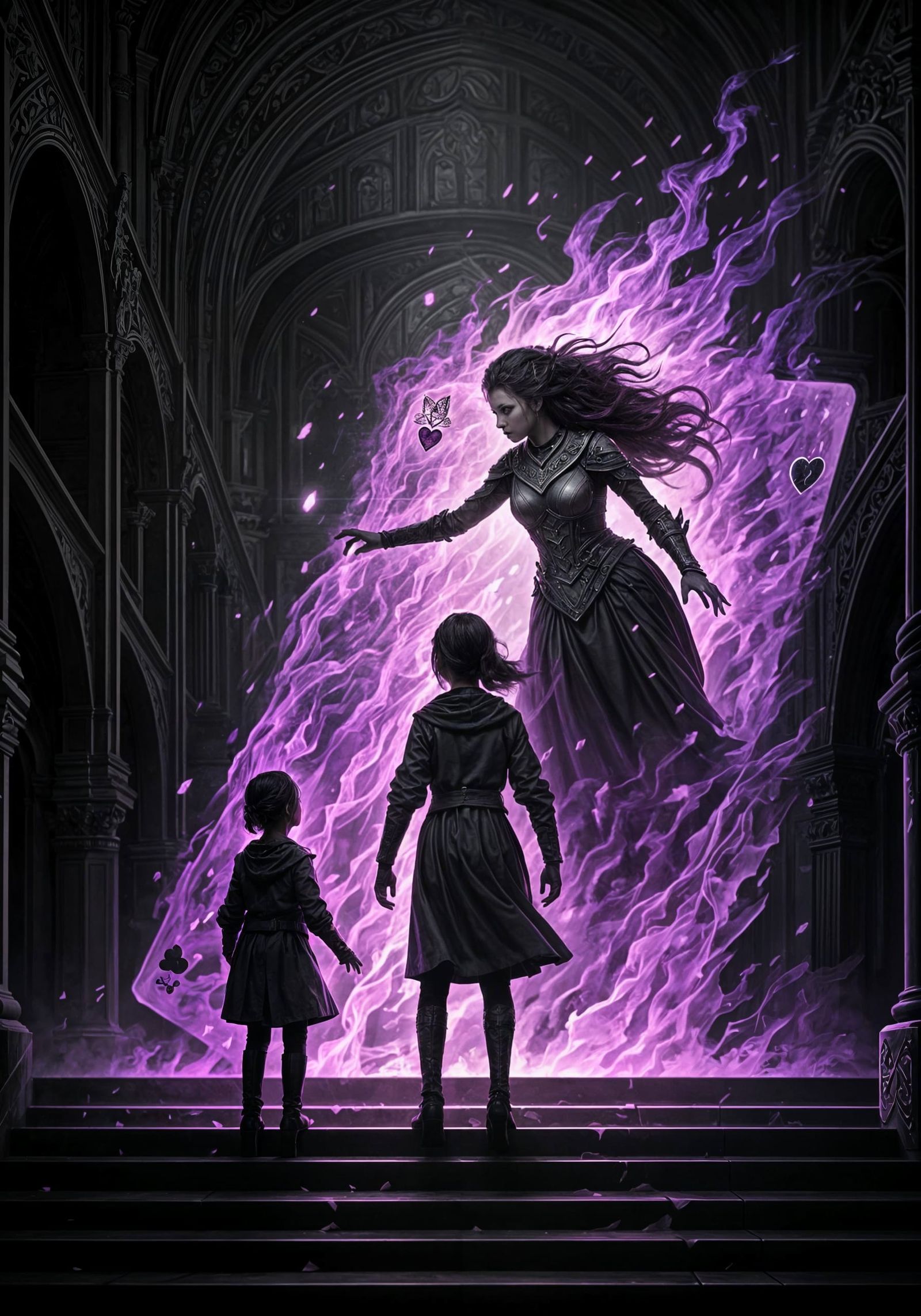 Regal Woman Reaches for Valor in Blazing Purple Inferno