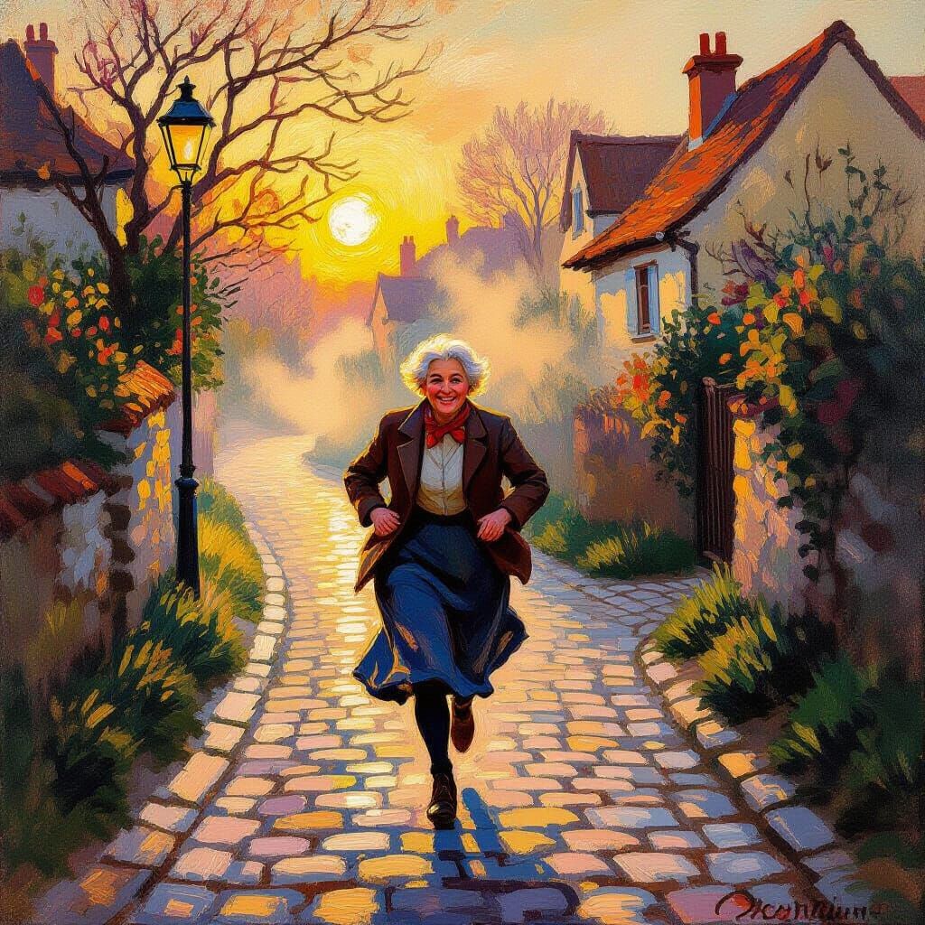 Joyful Elderly Figure Skipping at Dawn in Impressionistic Oi...