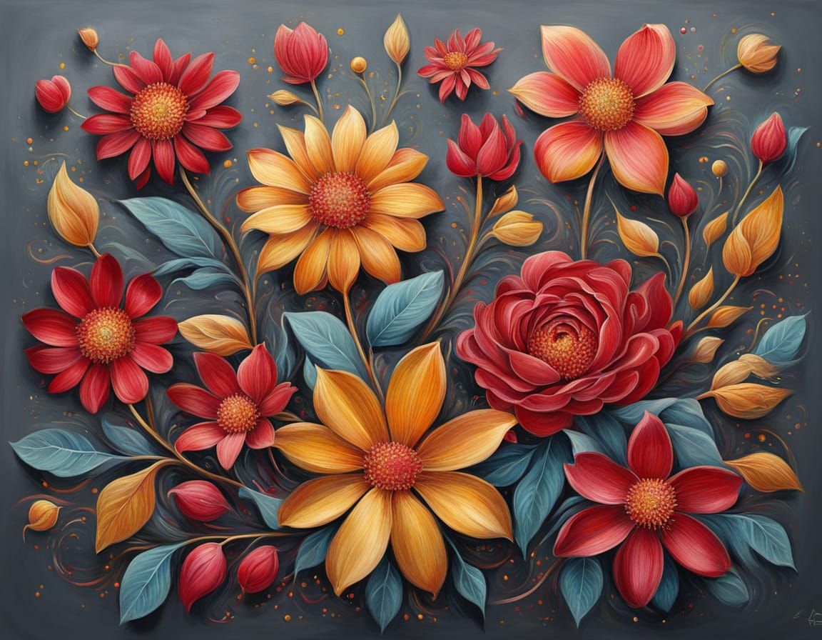 Crimson Gold Flowers in Abstract Surrealism Painting