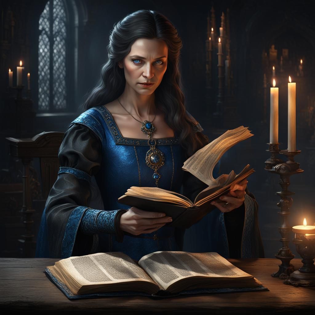 Elegant Woman Reading Spellbook: Dark Fantasy Art