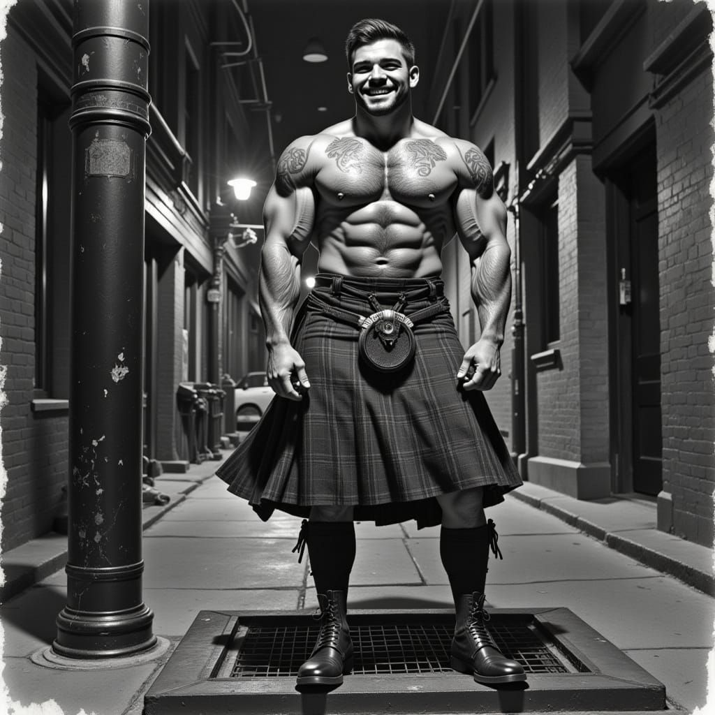 Tattooed Man in Kilt, Watercolour-Acrylic Style