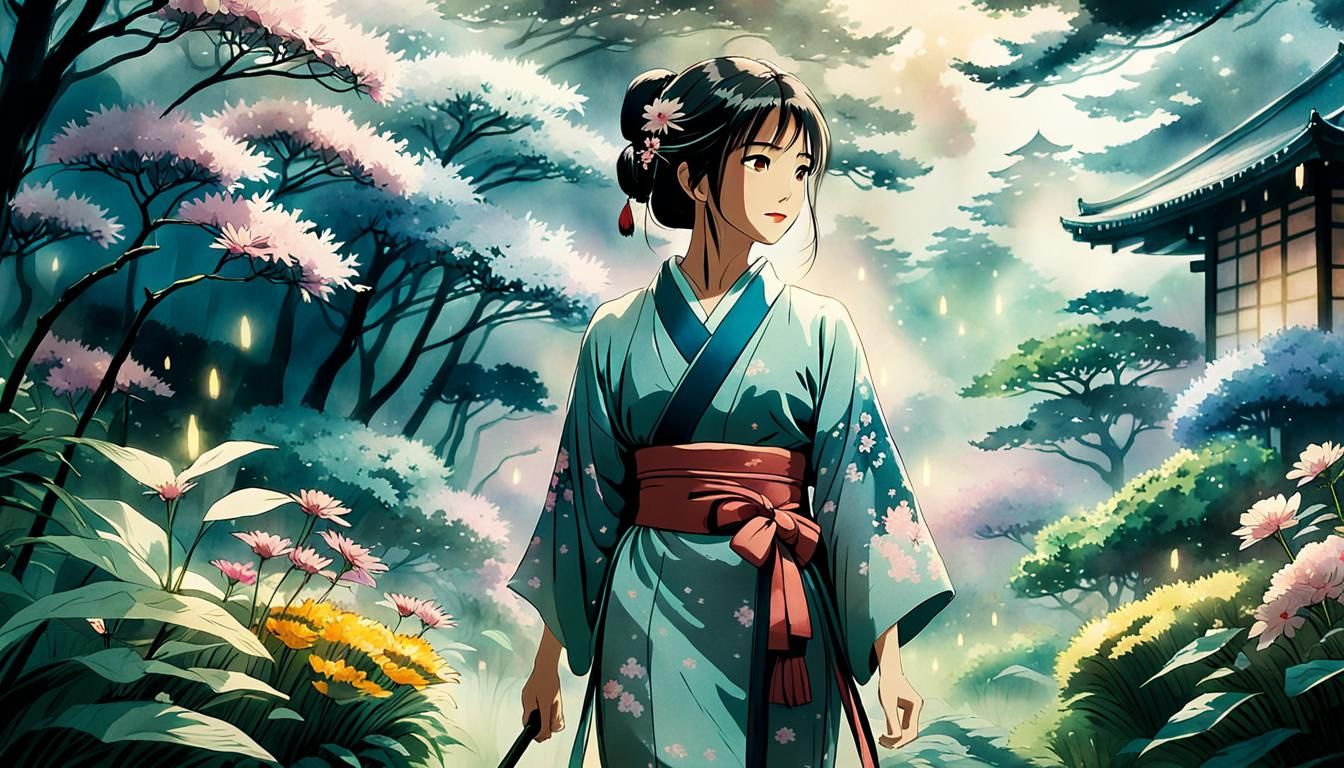 Tranquil Garden Walk: Ghibli-Style Anime Film Still