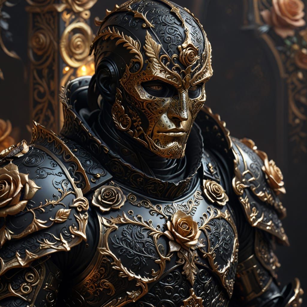 Black Metal Armor with Gold Roses in Dark Fantasy Art