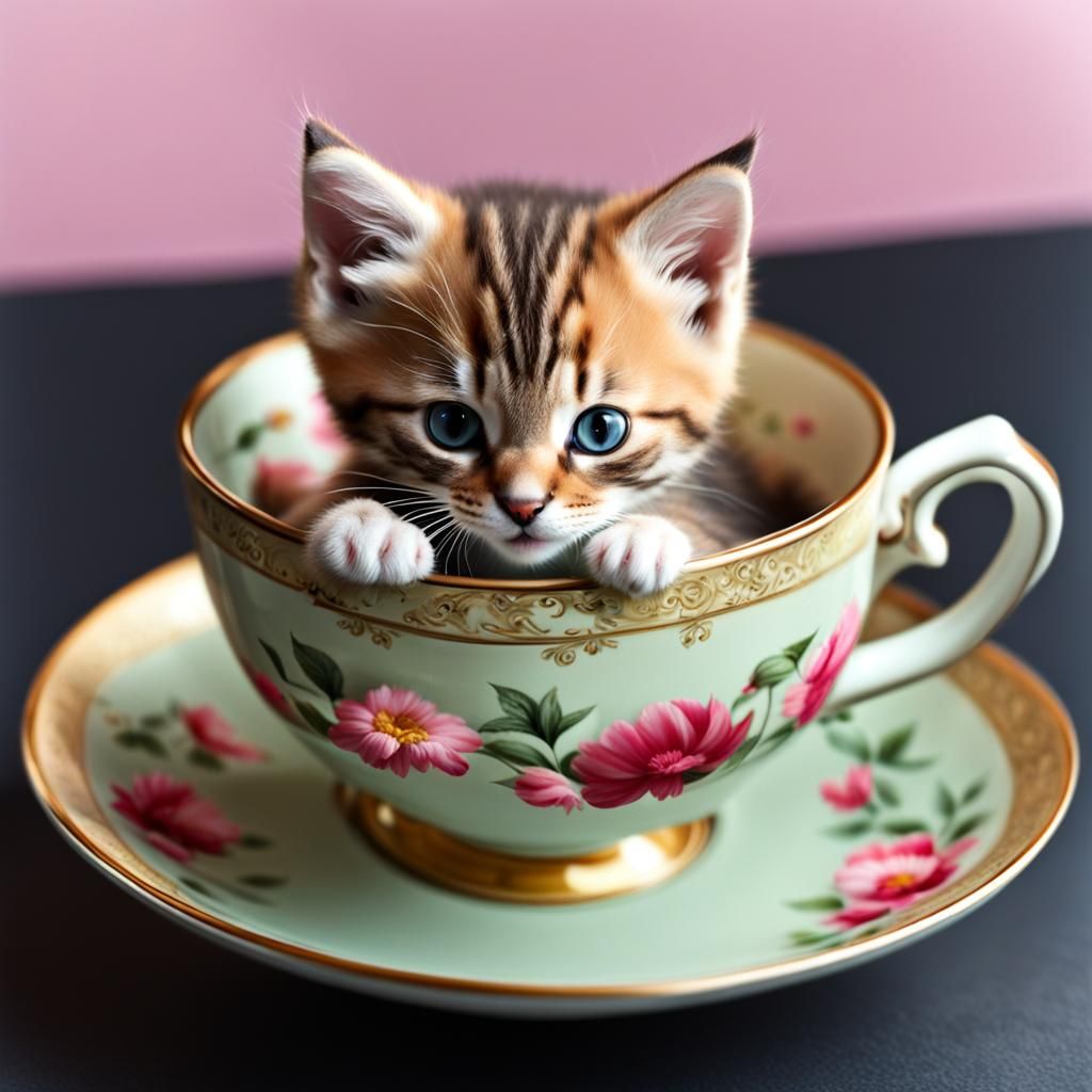 Kitten Comfortably Nests Inside a Teacup