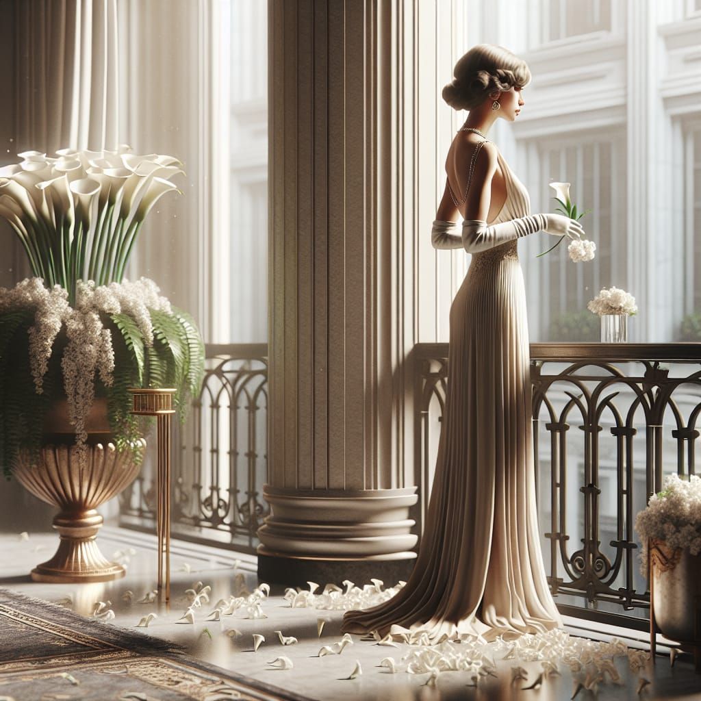Art Deco Woman in Flowing Gown on Balcony