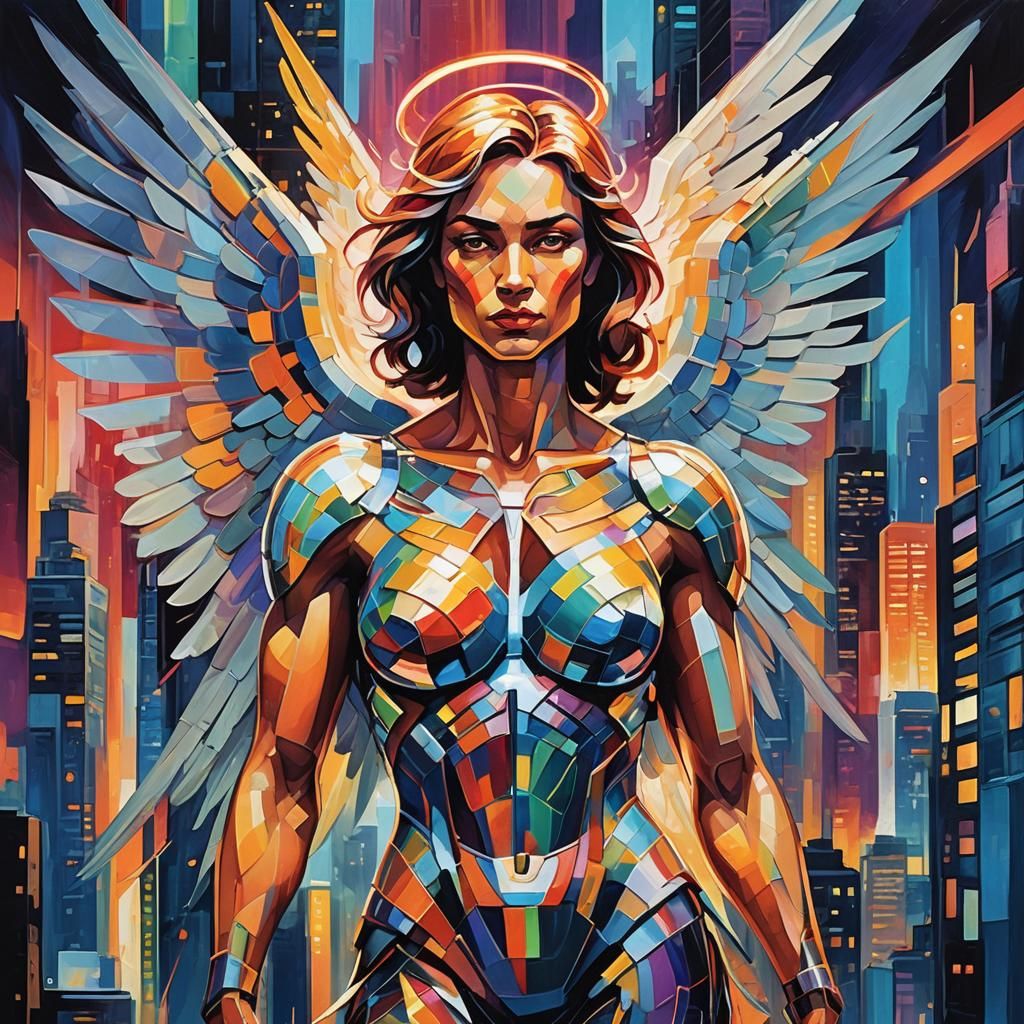 Angel Radiating Light in Cubist Futuristic Cityscape