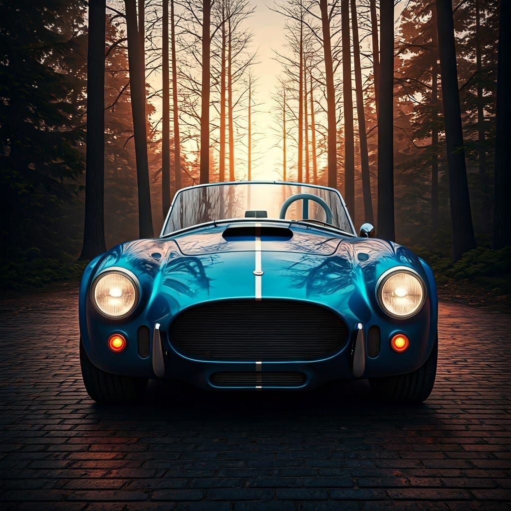 Blue Shelby Cobra at Sunset in Cyberpunk Style