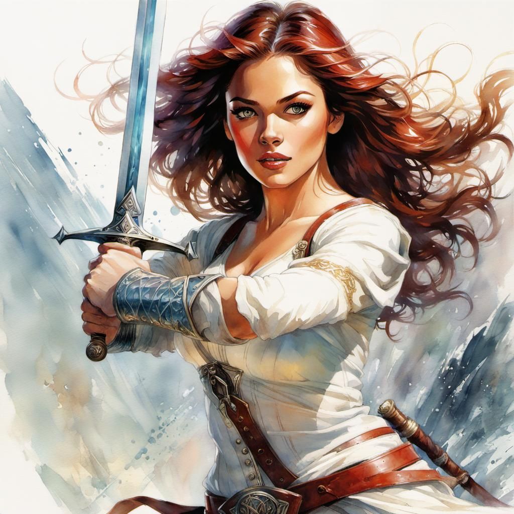Red-Haired Warrior with Glowing Sword in Watercolor Style