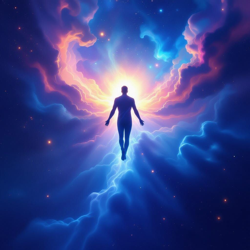 Ethereal Figure Ascending to Starry Galaxy in Digital Painti...