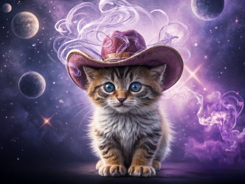 Smoky Cowboy Hat with Kitten in Cosmic Art