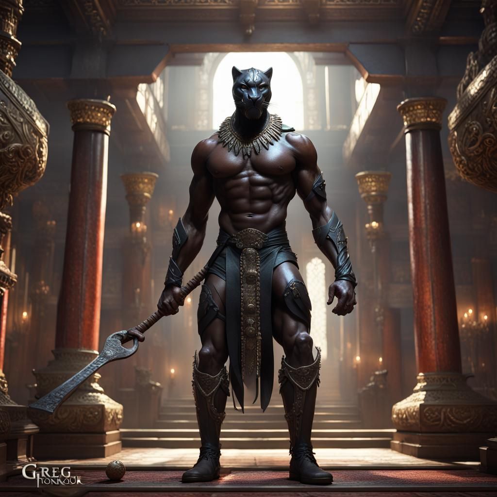 Black Panther Humanoid in Temple: Dark Fantasy Art
