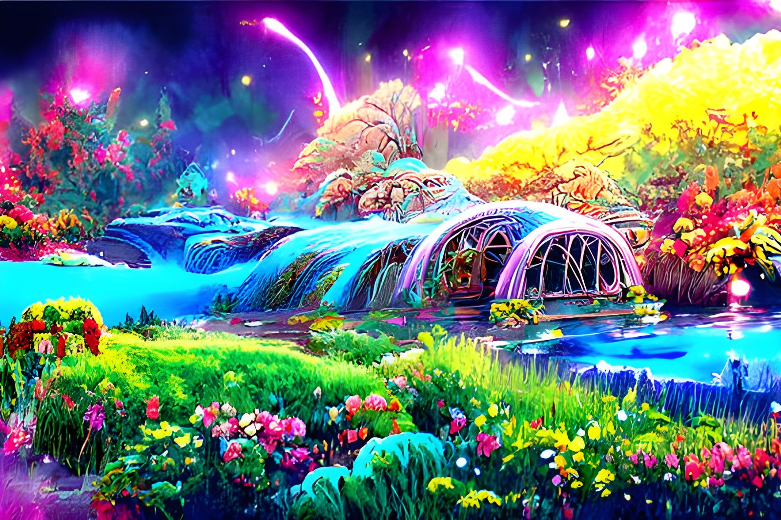 Celestial Garden with Cosmic River: Digital Art