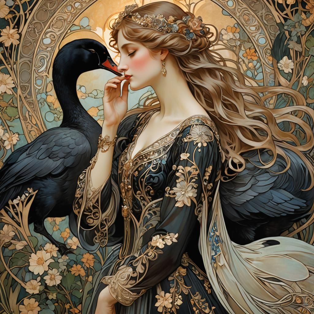 Alphonse Mucha art Nouveau kissing a black swan