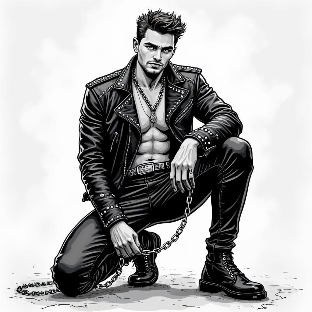 Bold Black and White Cartoon of Chained Leather Hero