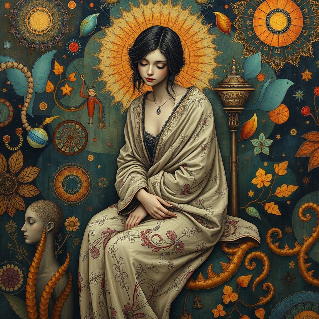 Ethereal Figure Surrounded by Vibrant, Dreamlike Patterns