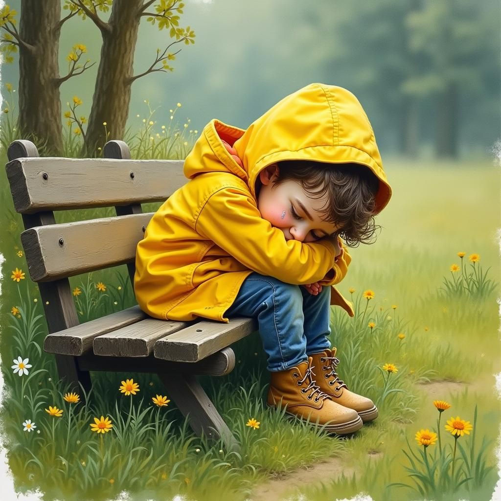 Melancholic Boy in Meadow, Impressionist Watercolor