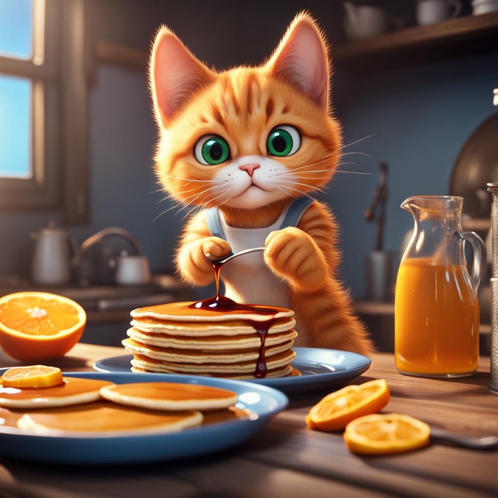 Orange Tabby Cat's Breakfast Fantasy: Pancakes and Syrup