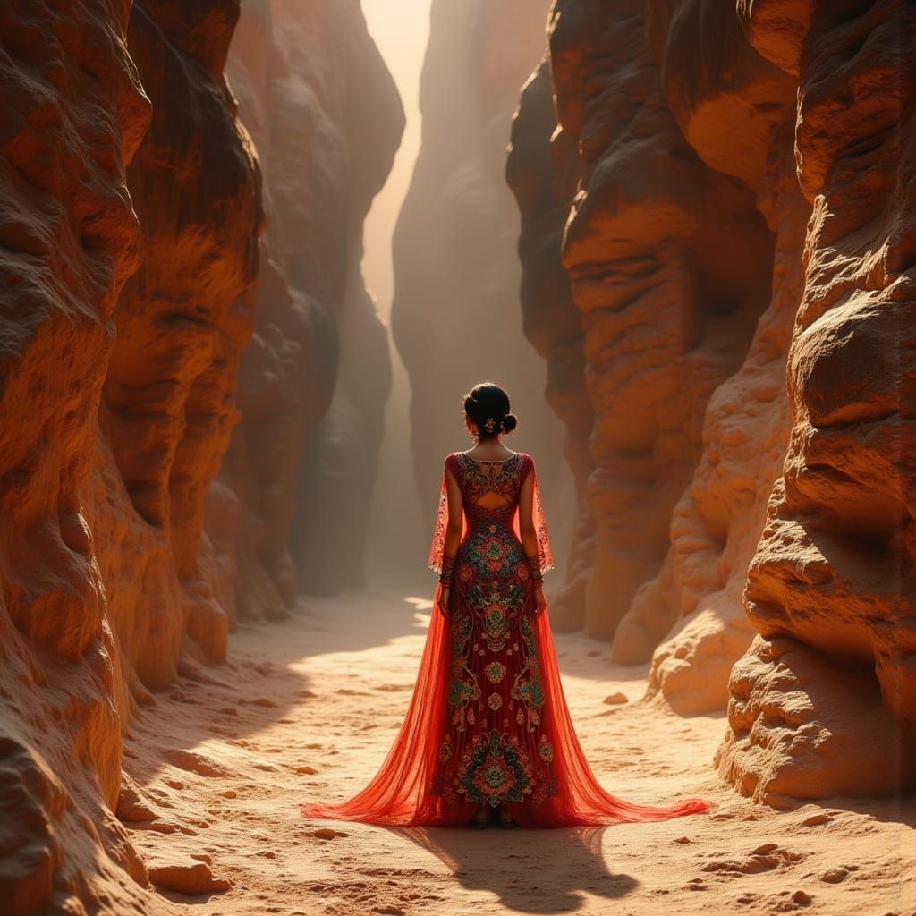 Woman in Canyon with Golden Light, Digital Art