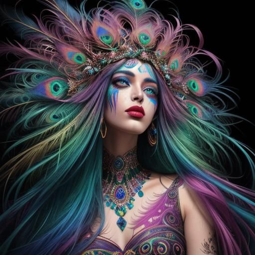 Rainbow Woman with Peacock Feathers in Abstract Expressionis...