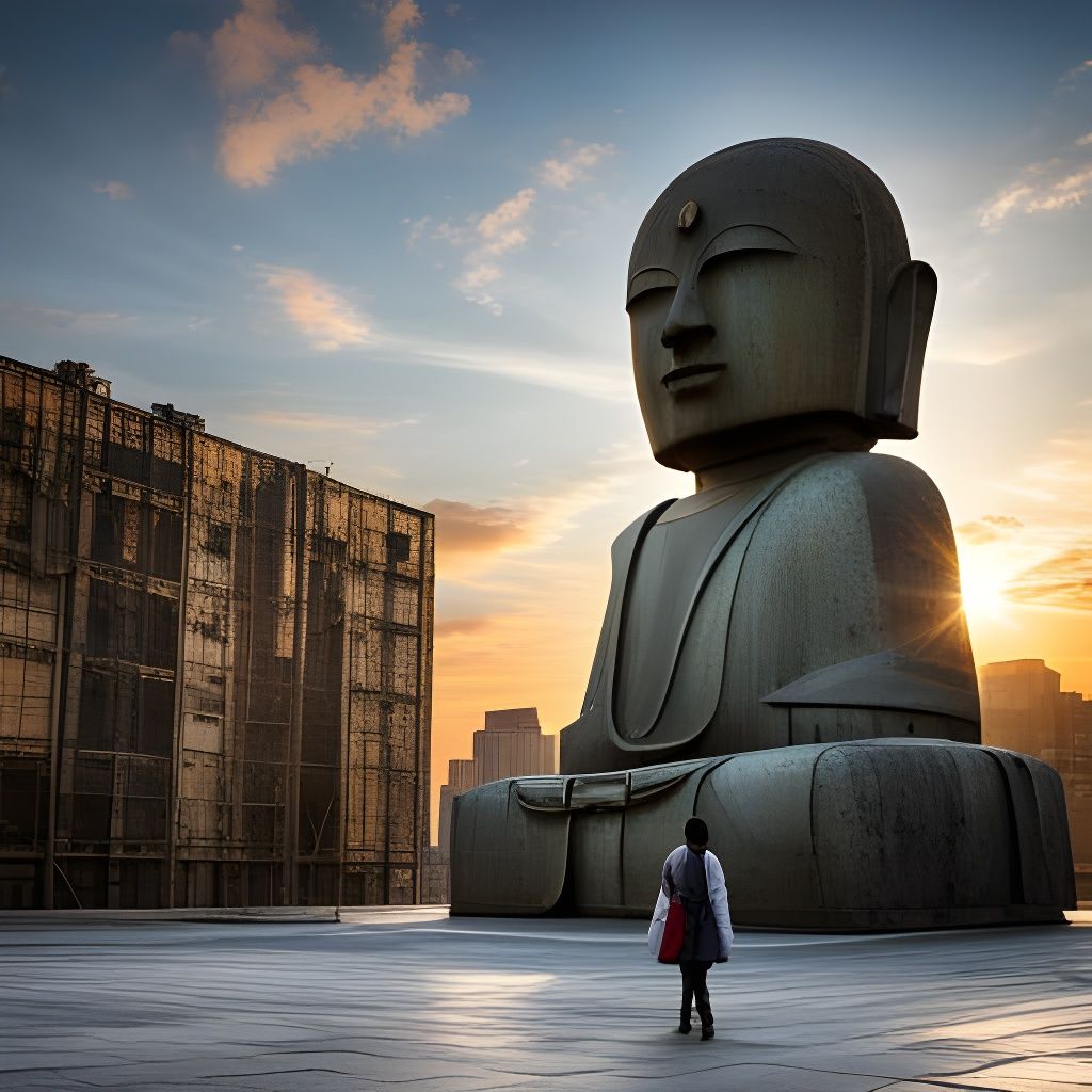 Brutalist Robot Buddha in Tropical Garden